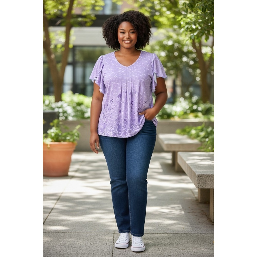Catherine's Purple Floral Mesh Flutter Sleeve V-Neck Pleated Blouse XXL